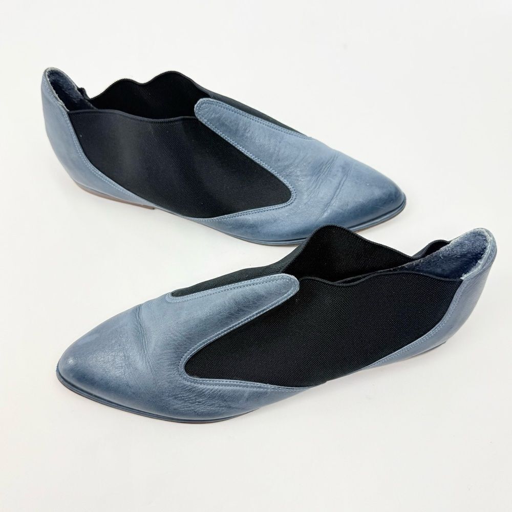 Bellini Blue Leather Side Stretch Pointed Toe Slip On Flats